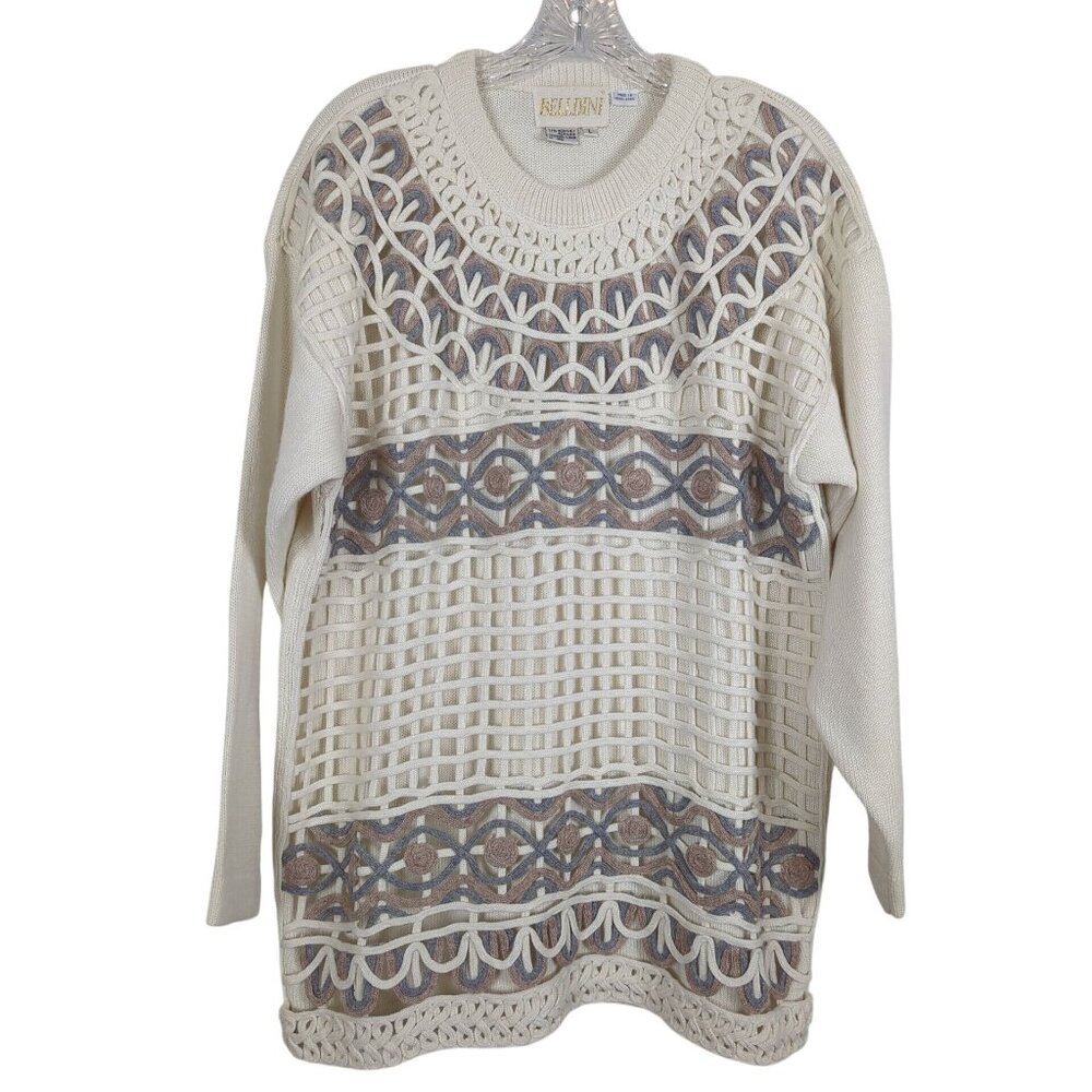 Vintage Belldini Cable Knit Sweater Womens L Ivory Openwork Textured Long Sleeve